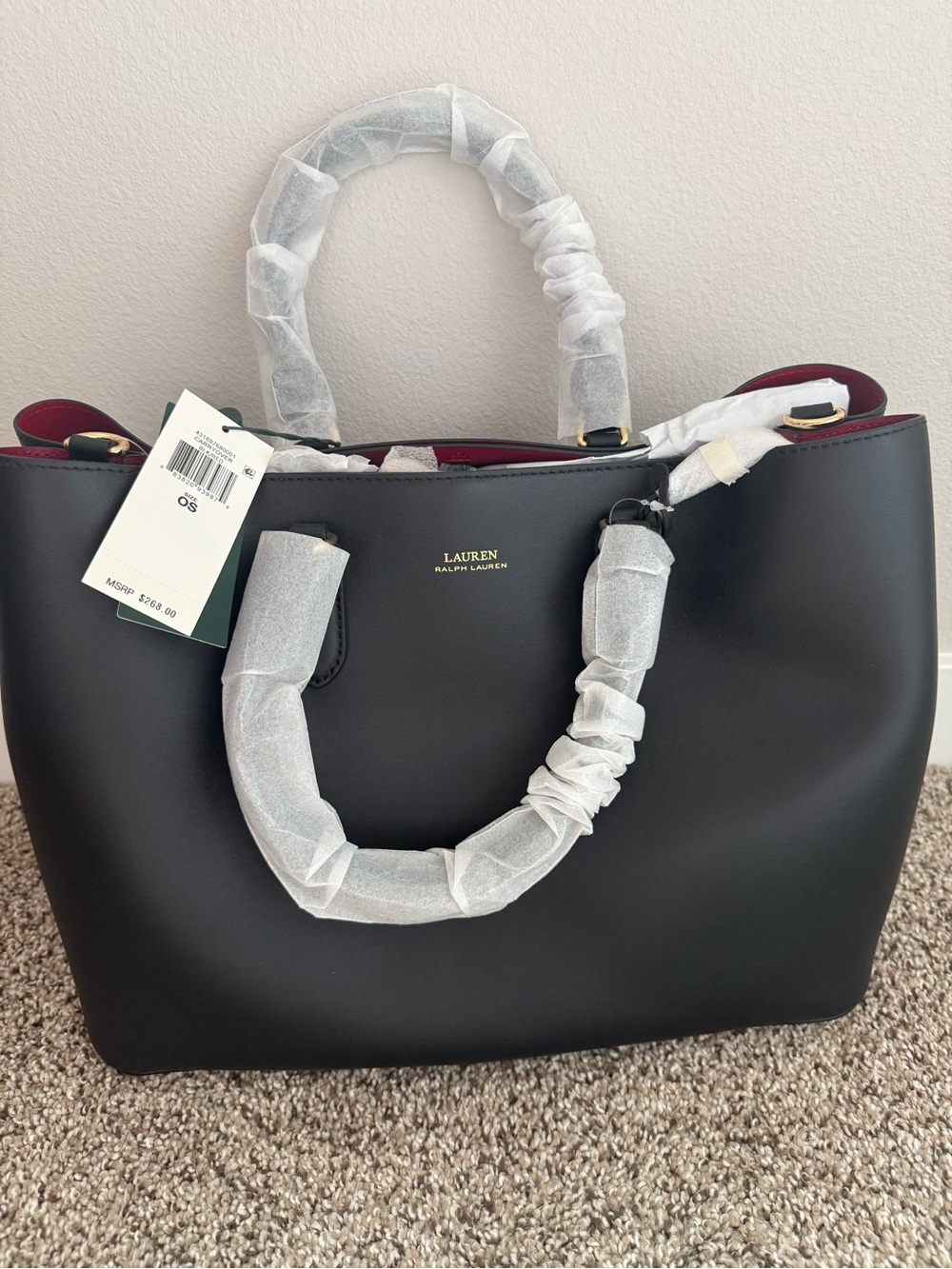Lauren Ralph Lauren Black and Burgundy Structured Tote